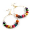 50mm/Large Hoop Earrings in Gold Tone with Small Multi Wooden