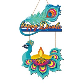 HOURIA Happy Diwali Wooden Sign(11.6”x19.7”),Indian Festival of Lights Wall Decor with Rangoli Diyas,Indian Deepawali Peacock Door Hanger for Front Door Porch Party Home Office
