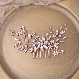 JWICOS Peine para el pelo hecho a mano con diamantes de imitación de flores para mujeres y niñas (oro rosa)