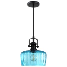 Leading Lighting 1 Light Pendant Light Hanging Modern Farmhouse Indoor Fixture 9" Blue Textured Glass Black Finish Dinning Over Sink Kitchen Island