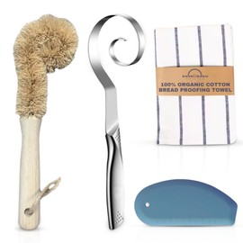Sourdough whisper essential Tools Set with seamless Danish dough whisk, blue silicon Scraper, organic cotton proofing towel and wood brush