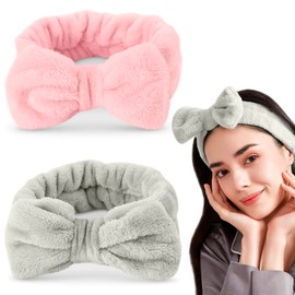 LEGLO 2Pcs Hairband for Women - Bow Headbands for Women's Hair Spa, Makeup Headband for Washing Face, Cosmetic Headband, Shower Hair Bands for Gym (Pink, Gray)