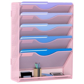 Gawerk 6 Tier Hanging File Organizer, Mesh Wall File Holder Paper Folder Rack with Bottom Flat Tray for Office Home, Pink