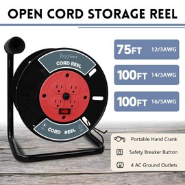 HeyYance Extension Cord Storage Reel with 4-Grounded Outlets, Heavy Duty Open Cord Reel for 12/3 14/3 16/3 Power Cords, Portable Empty Hand Crank Electric Cord Roller Holder, Red