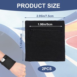 2 Pcs Wrist Wallet, Portable Running Key Holder, Wrist Sweat Bands with Zipper, Sports Wrist Pouch for Running Basketball Tennis Travel Gym Yoga (Black)
