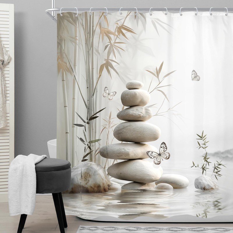 Zen Bamboo Gray Butterfly Stone Spa Pastel Bathroom Shower Curtain