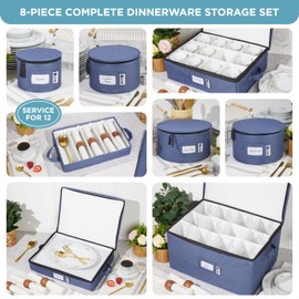 Hard Shell China Storage Containers 8-Piece Set Moving Boxes for Dinnerware, Glasses, Plates, Mugs and Saucers Sturdy Dish Organizer with Dividers for Seasonal Storage - Service for 12 - Denim Blue