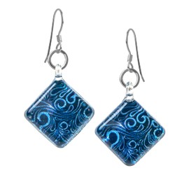 Chuvora 925 Sterling Silver Glass Jewelry Blue Filigree Art Curve Design Dangle Square Earrings for Women