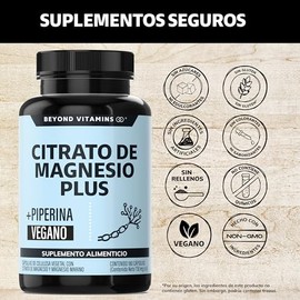 Beyond Vitamins | Citrato de Magnesio Plus Potenciado con Piperina para mayor absorción | 455mg Magnesio Elemental | Adicionado Con Magnesio Marino | 