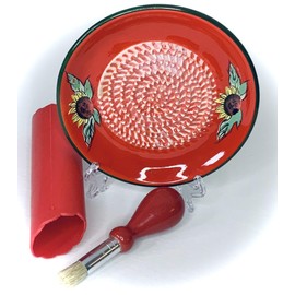 BonCera, All-in-one Premium Ceramic Garlic Grater Plate 4-Piece Set - Red Sunflower Design, Classic Style - For Garlic, Ginger, Chocolate, and more! - Comes with 5.25" Plate, Peeler, Brush, and Stand