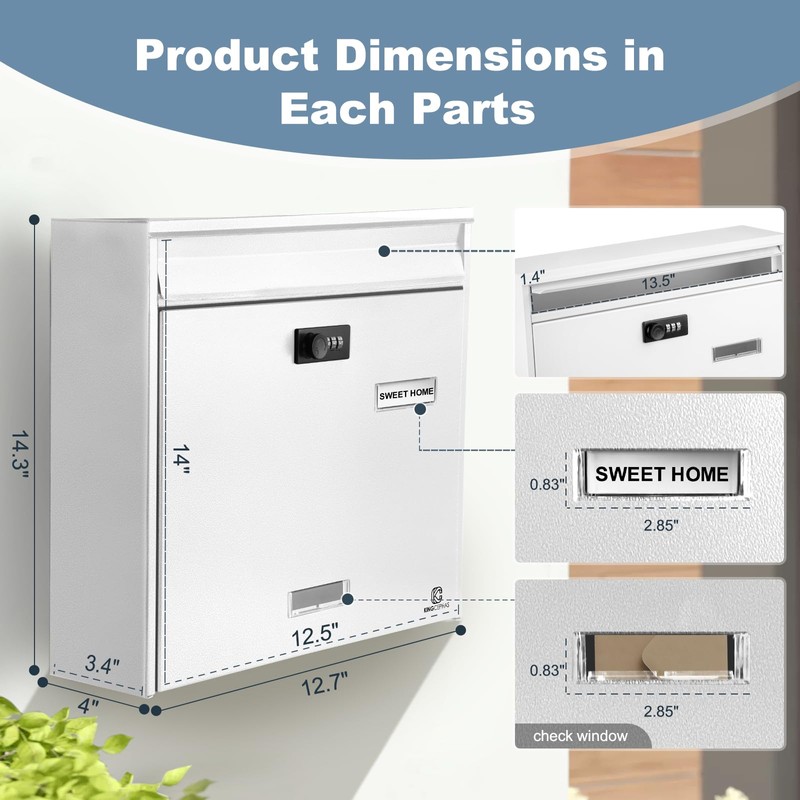 KINGCEPHAS Outside Wall-Mounted Mailbox with Combination Lock, Large Capacity, Wall