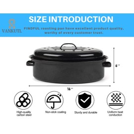 16 Inch Roasting Pan with Lid - Covered Oval Roaster - Enamel Carbon Steel Roaster Pot - Excellent Heat Distribution and Non-sticky - for Turkey Chicken Meat & Vegetables -Birthday and Holiday gifts