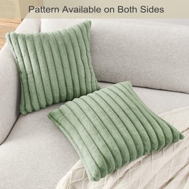 Volcanics Pack of 1 Double-Sided Faux Fur Plush Decorative Throw Pillow Covers 18x18 Inches Soft Fluffy Striped Couch Pillow Cases, Sage Green