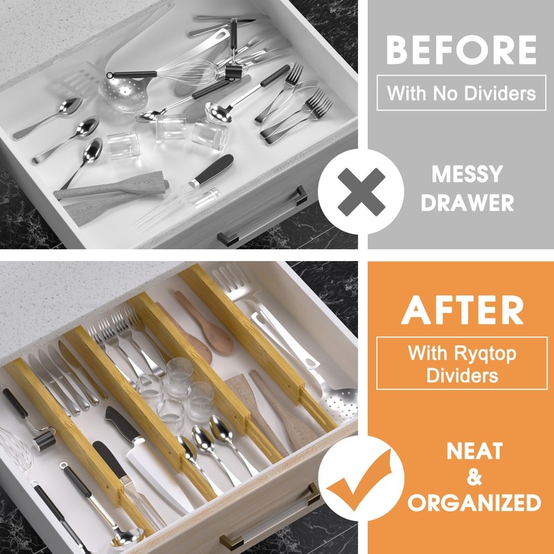 Ryqtop Bamboo Drawer Dividers,17-22" Adjustable Kitchen Drawer Organizer for Clothes,4