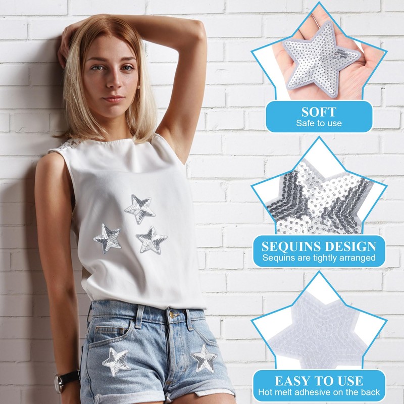 PAGOW 9pc Sequins Star Iron on Patches - Shiny Bulk