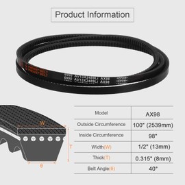 sourcing map AX98 EPDM V-Belt, Raw Edge Cogged Industrial Rubber V Belt 1/2" Width x 98" Inside Circumference
