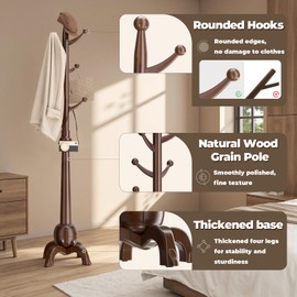 Dkjdssek Wood Coat Rack Freestanding, Solid Wooden Coat Tree with 8 Hooks, Heavy Duty Coat Hanger Stand with Stable Base, Entryway Hallway Bedroom Office Use, 240lbs Load Capacity H:71.6in (Walnut)