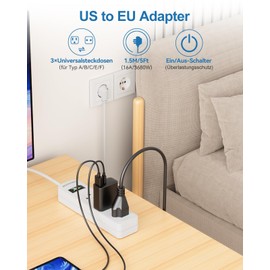 US to EU Adapter, US Plug Adapter to EU, 3 Way for American Electronic Devices, USA Adapter Socket, Travel from the United States, Canada, France, Spain, White