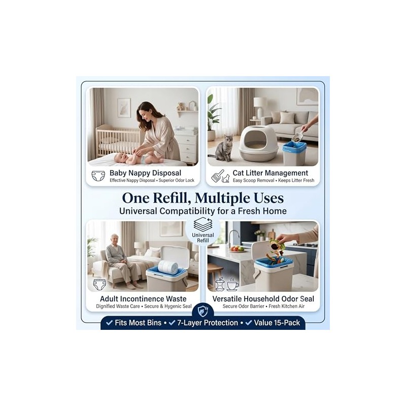 nappy bin refills, 7-Layer Odour Control Leakproof Diaper Disposal Bags,