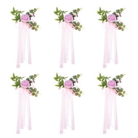 PATIKIL Wedding Chair Decorations Pew Flowers for Wedding Aisle Decoration Set of 6 Pew Flowers with Artificial Flowers Eucalyptus and Ribbons for Church Chair Party Ceremony, Pink