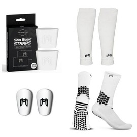 MediCaptain Premium Soccer Bundle - Soccer Grip Socks, Shin Guard Straps, Pre Cut Sleeves, and Mini Shin Guards (Black Pack with White Straps) - Color: All White Kit