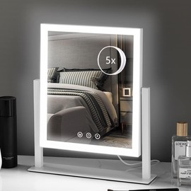 HIEEY Lighted Makeup Mirror, Hollywood Vanity Mirror with Lights, Three Color Lighting Modes, and 5X Magnification Mirror, Smart Touch Control, 360°Rotation (12in,White,Gift Box)