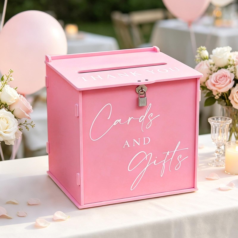Pink Large Card Box with Lock, Wedding Card Boxes for