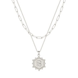 Ever Faith Layered Initial S Pendant Choker Necklaces, Simple Cute Hexagon Letter Silver Paperclip Chain Necklace for Women Jewelry Gifts