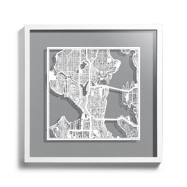 O3 Design Studio Seattle Cut Map Framed, White map, White Frame, 18x18 inches, Paper Cutting Art Work, Gift Boxed, 4 Background Color, self-Changing, Wall Art
