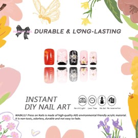 Square Press on Nails Medium MABKJLF Black French Tip Fake Nails 3D Floral False Nails with Water Drop Flower Designs Glossy Glue on Nails Stick on Nails for Women Girls 24Pcs
