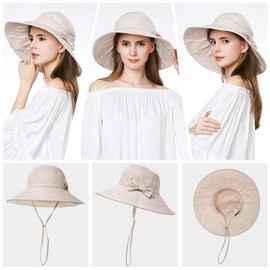 Summer Hat for Women Wide Brim Sun Protection Foldable Beach Safari Hat Cotton UPF Beige Small