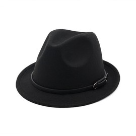 Upstore Women Classic Felt Fedora Hat Wide Brim Wool Panama Hat Jazz Cap with Belt Buckle (Black)
