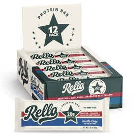 Rello Protein Bars with 20g Protein, 1.2g Creatine, & 9g Fiber, Vanilla Crisp, Grass Fed Beef Tallow, No Natural or Artificial Flavors, Sweetened With Honey, Gluten Free, Seed Oil Free, 12 Count
