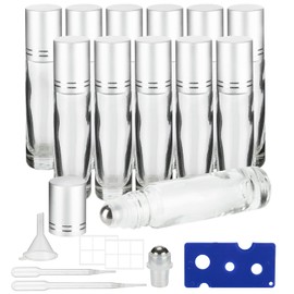 10ML Essential Oil Roller Bottles, 12 Pack Clear Oil Roller Bottles for Essential Oils, Roll on Bottles with Stainless Steel Balls(1 Extra Roller Balls, 12 Labels, Opener, Funnel, Dropper Included)