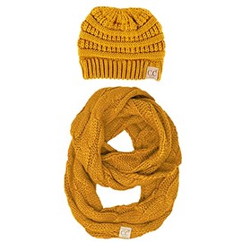 Funky Junque Kids NO Pom Beanie Hat & Scarf Bundle - Mustard