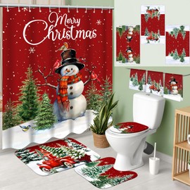 7 Pcs Christmas Shower Curtain Set Merry Christmas Bathroom Curtain Non Slip U Shape Rugs Toilet Seat Cover Mat and 3 Towels Waterproof Watercolor Xmas Winter Bathroom Accessories