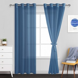 JIUZHEN Navy Blue Sheer Curtains 84 Inches Long - Grommet Semi Transparent Window Drapes for Bedroom Living Room, Set of 2 Panels with Tiebacks, W52 x L84