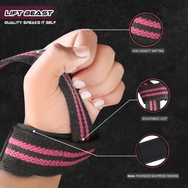 Lift Beast Professional Lifting Straps for Weightlifting, 24-inch Cotton Gym Straps with Neoprene Cushioned Wrist Padding - Black and Pink