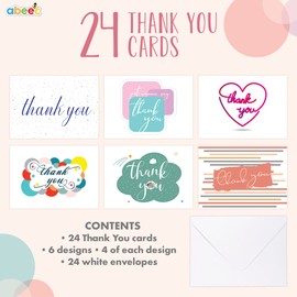 abeec 24 Thank You Cards for Adults & Children – Multi-Pack of Thank You Cards Containing 6 Different Designs Suitable for All – Includes 24 Envelopes