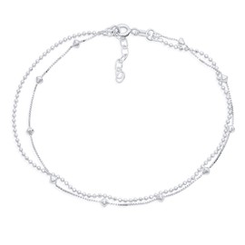 Simple 2 In 1 Set Tiny 3MM Station Diamond Shaped Beads Double Chain Anklet Strand Ankle Bracelet For Women Teens .925 Sterling Silver 9-10 Inch Adjustable