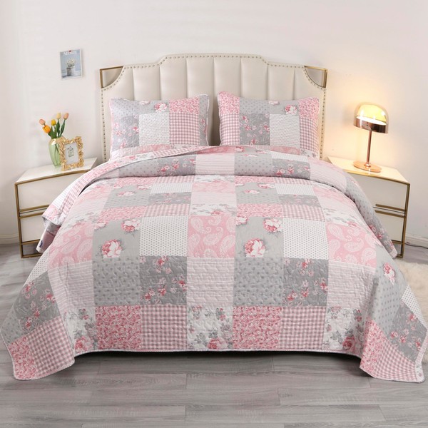 VIVILINEN Pink Plaid Patchwork Quilt Set Full Queen Size Floral