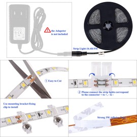 Waterproof LED Strip Lights, Flexible16.4ft/5M Tape Lighting, 300LEDS 12V String Light, Daylight White, SMD 2835, Battery Powered Supply Under Cabinet Hallway Staircase Corridor Collectable Bookshelf