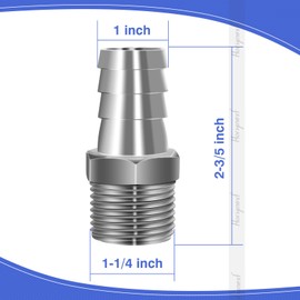 Horiznext NPT 1" male thread to 1 inch O.D. barb stainless steel pipe fitting, for connecting 1 inch I.D. air hose tubing, pack of 2 pcs
