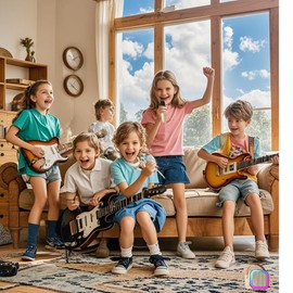 ROSY CLOUD Kids Karaoke Machine, Adult Karaoke Machine with 2 Wireless Microphones, Portable Bluetooth Speaker Gift with Colorful Lights for Boys Girls Toy Family Train Dance Guide Party (Beige)