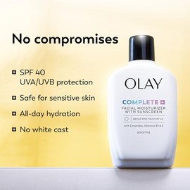 Olay Complete+ Face Moisturizer with Sunscreen SPF 40, For Sensitive Skin, Broad Spectrum Sun Protection, Fragrence-Free - No White Cast on All Tones,