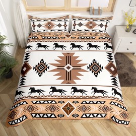 Horses Printed Duvet Cover,Kids Chic Exotic Bedding Set,Geometric Pattern Comforter Cover for Boys Girls Room Decor,Western Cowboy Lightweight Bedspread Cover Twin Size with 1 Pillow Case