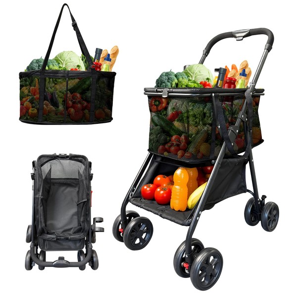 Upgraded Folding Shopping Cart (80 lbs), Detachable Baskets & 360°Swivel