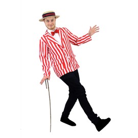 RED WHITE STRIPE BLAZER + STRAW BOATER HAT WITH NAVY & RED RIBBON + RED BOWTIE BARBERSHOP EDWARDIAN PERFECTO FOR FANCY DRESS OR BOOK WEEK JACKET 1920'S SHOW (SMALL)