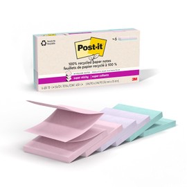 Post-it Super Sticky Notas emergentes 100% recicladas, 3 pulgadas x 3 pulgadas, 70 hojas, 6 almohadillas para orejas, colección Wanderlust, suministros de regreso a la escuela y productos de oficina