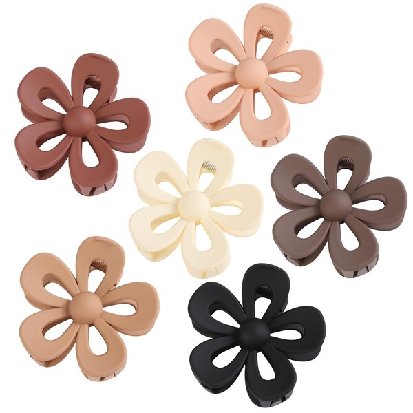 6PCS Flower Claw Clips, Flower Hair Clips for Women, Matte Hair Clips for Thick Thin Hair, Large Claw Clips for Girls, Non Slip Strong Hold Flower Clips for Hair, Daisy Hair Accessories, Warm Color